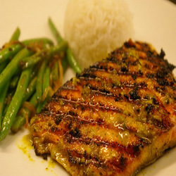 Grilled Salmon with Chermoula Marinade served with Jasmine Rice, Haricot Verts with Caramelized Shallots Submitted by MHC